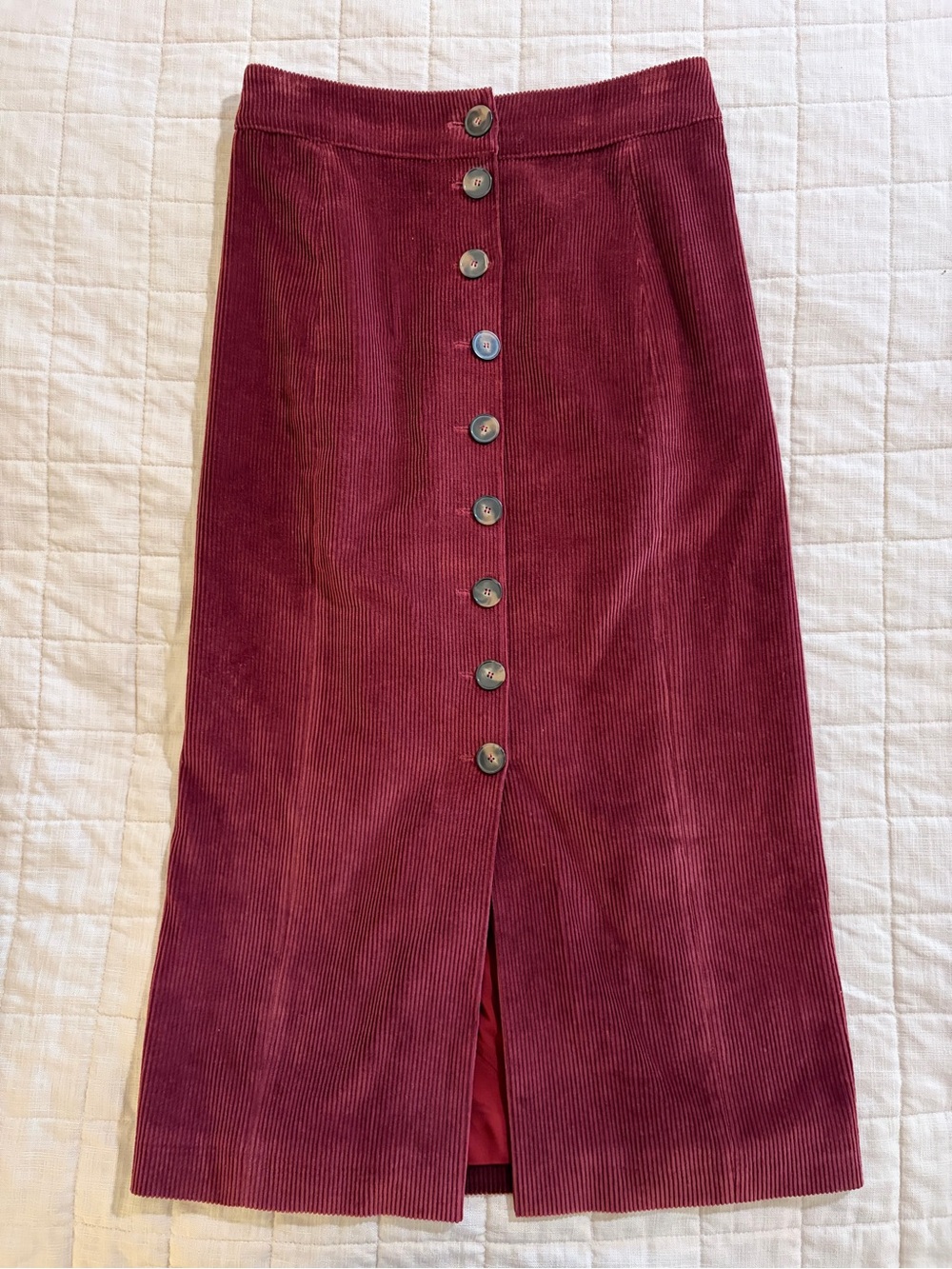 Sezane Rosalba Button Burgundy Terracotta Velvet Corduroy Midi Pencil Skirt